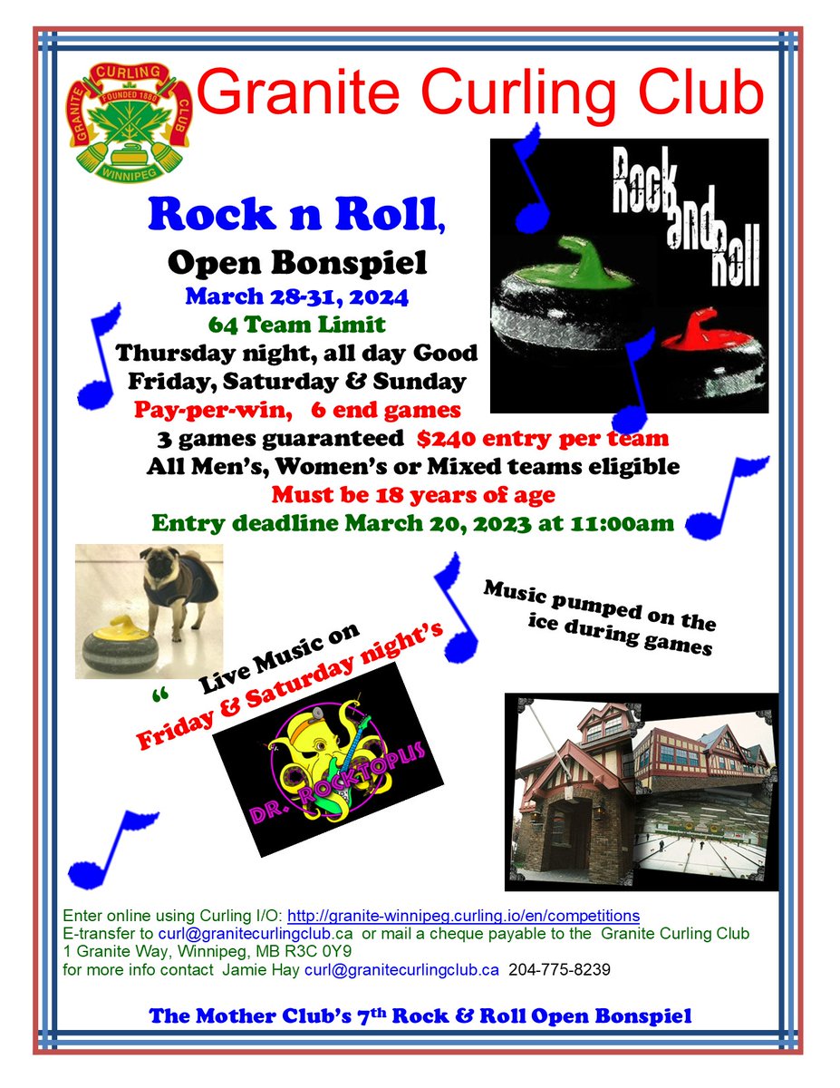 The 2024 Rock n Roll bonspiel is filling up fast. Get your entries in through curling i/o, Granite Winnipeg under competitions.