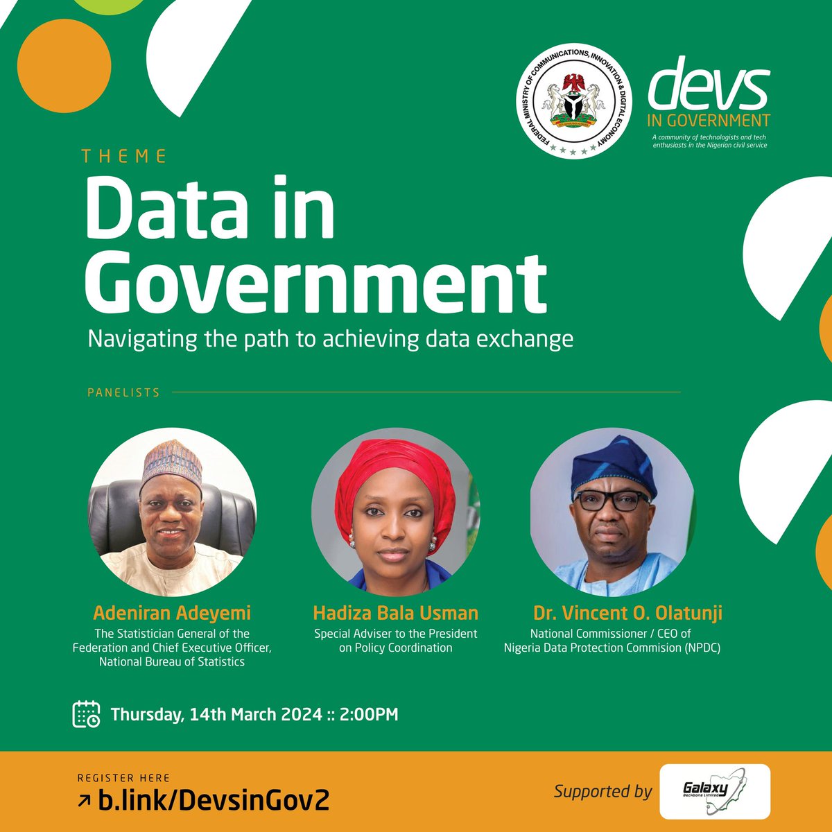 I am looking forward to a fantastic session at the next #DevsInGovernment gathering next month. 

With Hadiza Bala Usman - Special Adviser to the President on Policy Coordination, Dr. Vincent Olatunji - CEO Nigerian Data Protection Commission and Adeniran Adeyemi - Statistician