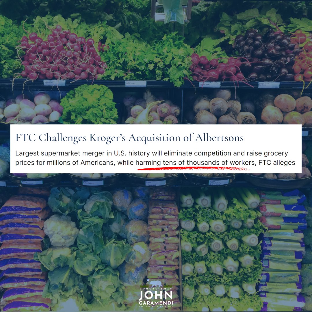Grocery prices are already too high, and Americans can't afford for them to keep climbing. The thousands of workers employed by Kroger and Albertson-owned stores are also in jeopardy. The well-being of American consumers and workers must always come before corporate greed.