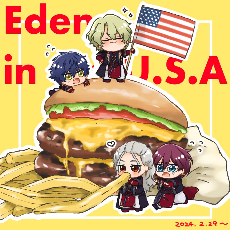 burger flag food yellow background multiple boys chibi 4boys  illustration images