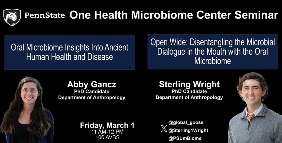 This week, join us at 11 AM EST for talks led by Anthropology PhD candidates Abigail Gancz (@global_goose) and Sterling Wright (@Sterling1Wright). We are pumped to learn about the #oralmicrobiome from anthropological perspectives. 🔍🦷🦠 Can't make it? DM us for the zoom link!