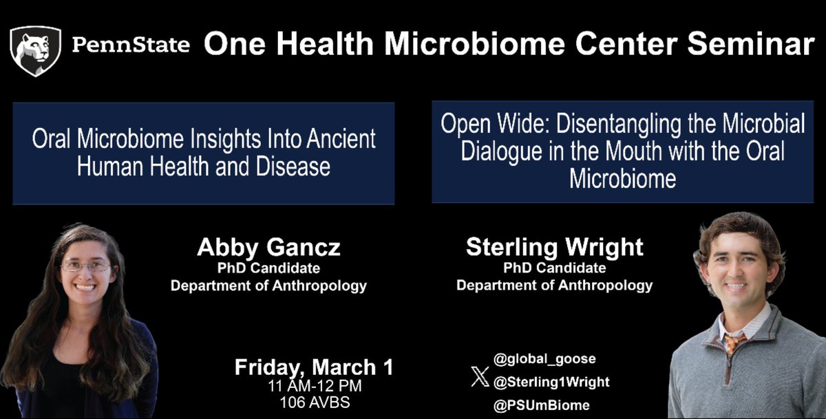 One Health Microbiome Center (@psumbiome) on Twitter photo This week, join us at 11 AM EST for talks led by Anthropology PhD candidates Abigail Gancz (<a href="/global_goose/">Abby Gancz (אביגיל)</a>) and Sterling Wright (@Sterling1Wright).
We are pumped to learn about the #oralmicrobiome from anthropological perspectives. 🔍🦷🦠
Can't make it? DM us for the zoom link! This week, join us at 11 AM EST for talks led by Anthropology PhD candidates Abigail Gancz (<a href="/global_goose/">Abby Gancz (אביגיל)</a>) and Sterling Wright (@Sterling1Wright).
We are pumped to learn about the #oralmicrobiome from anthropological perspectives. 🔍🦷🦠
Can't make it? DM us for the zoom link!