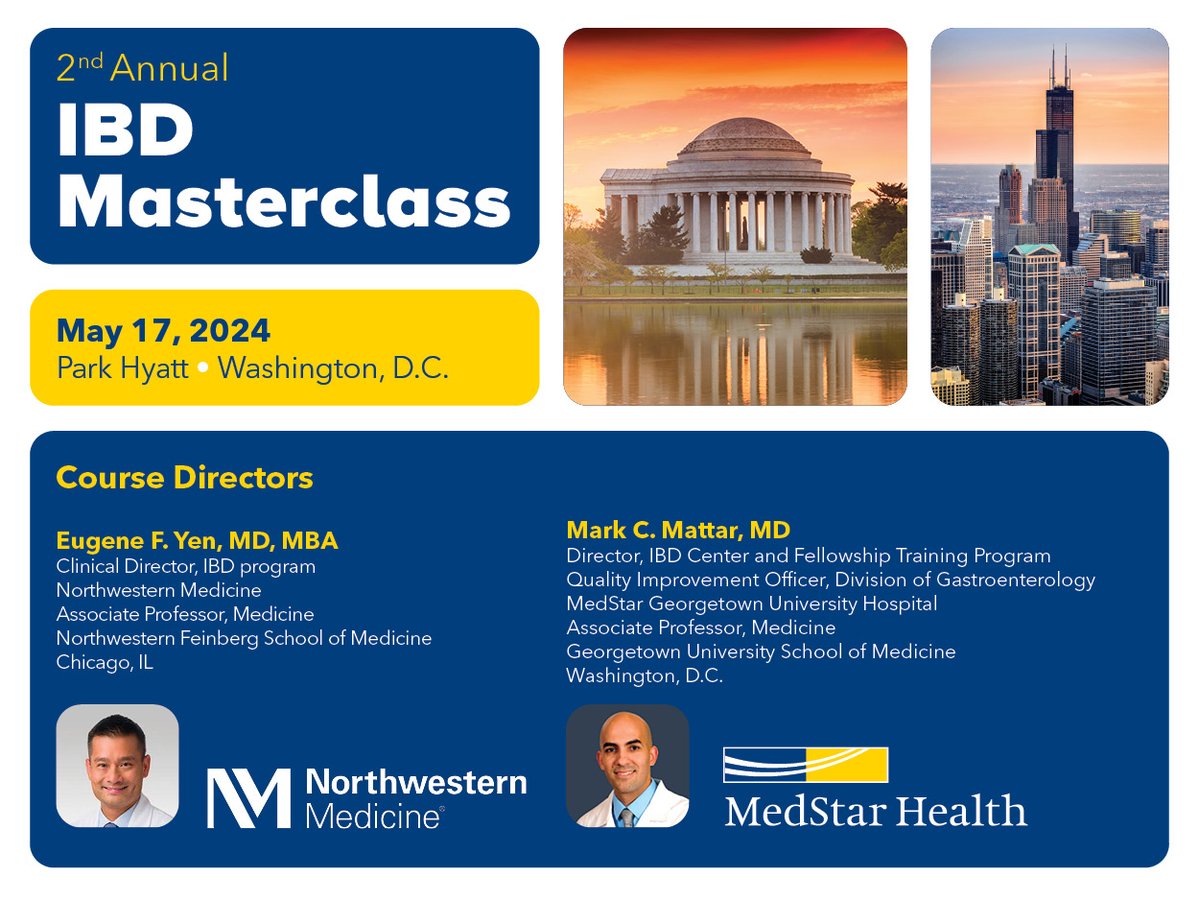 Excited to announce our 2nd annual IBD Masterclass, which will be held Fri, May 17 in DC, the day before DDW. Please consider🚗✈️into town a day earlier for CME from our 🤩 faculty, and networking! Reception to follow, & trainees free! @NMGastro Register: medstar.cloud-cme.com/course/courseo…