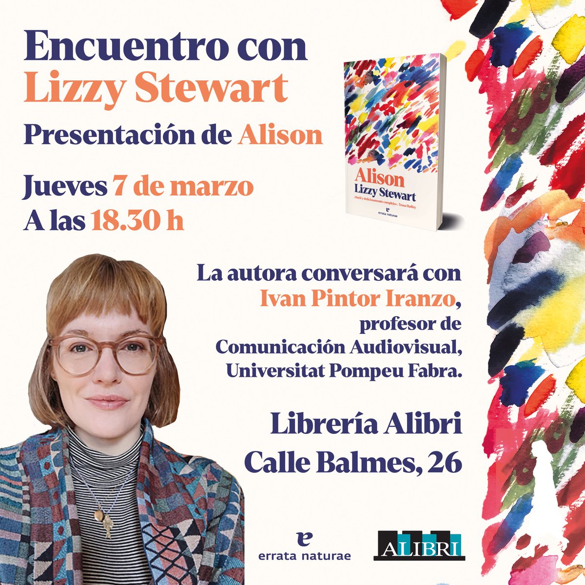 ¡Que viene Lizzy Stewart a Barcelona! El 7 de marzo la podréis escuchar junto a Ivan Pintor Iranzo en la @LibreriaALIBRI . Nos encantaría veros por allí 💜