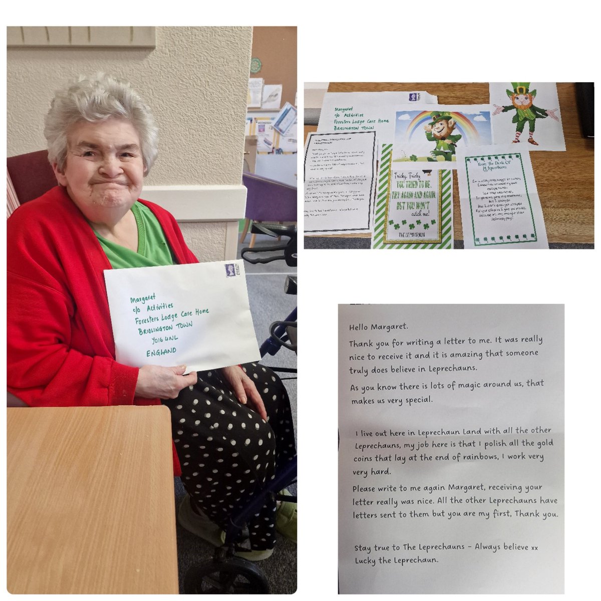 HighgateCare's tweet photo. 🌈✉️✨ Believe in magic! Margaret at Foresters Lodge Care Home received a special letter from Lucky the leprechaun today, proving dreams do come true! 🍀💫 #BelieveInMagic #LeprechaunLetter #ForestersLodgeCareHome 🌟#Bridlington #kindnessiskey https://t.co/fSB3XLgljH