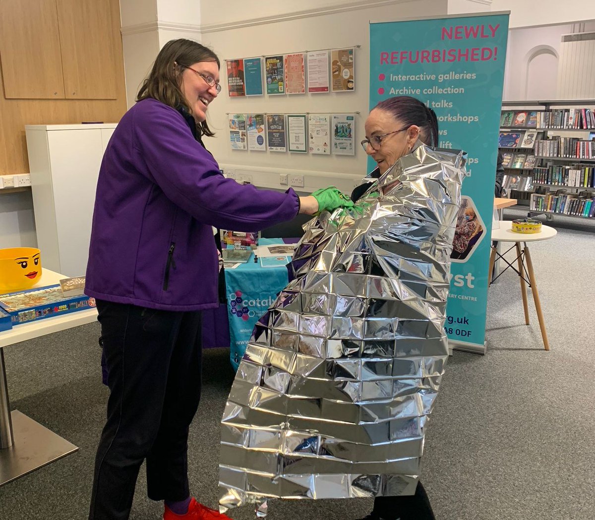 Thanks to @HaltonLibraries for inviting us to spend the afternoon at Widnes Library sharing information about our forthcoming events. The Library staff had a great time investigating our resources too!