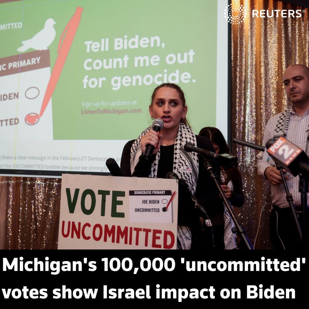 Joe Biden's campaign and top Democratic officials vowed to double down on efforts to win back former supporters after being hit by a much stronger-than-anticipated protest vote in the Michigan primary over the president's support of Israel reut.rs/49vNLCZ 1/5