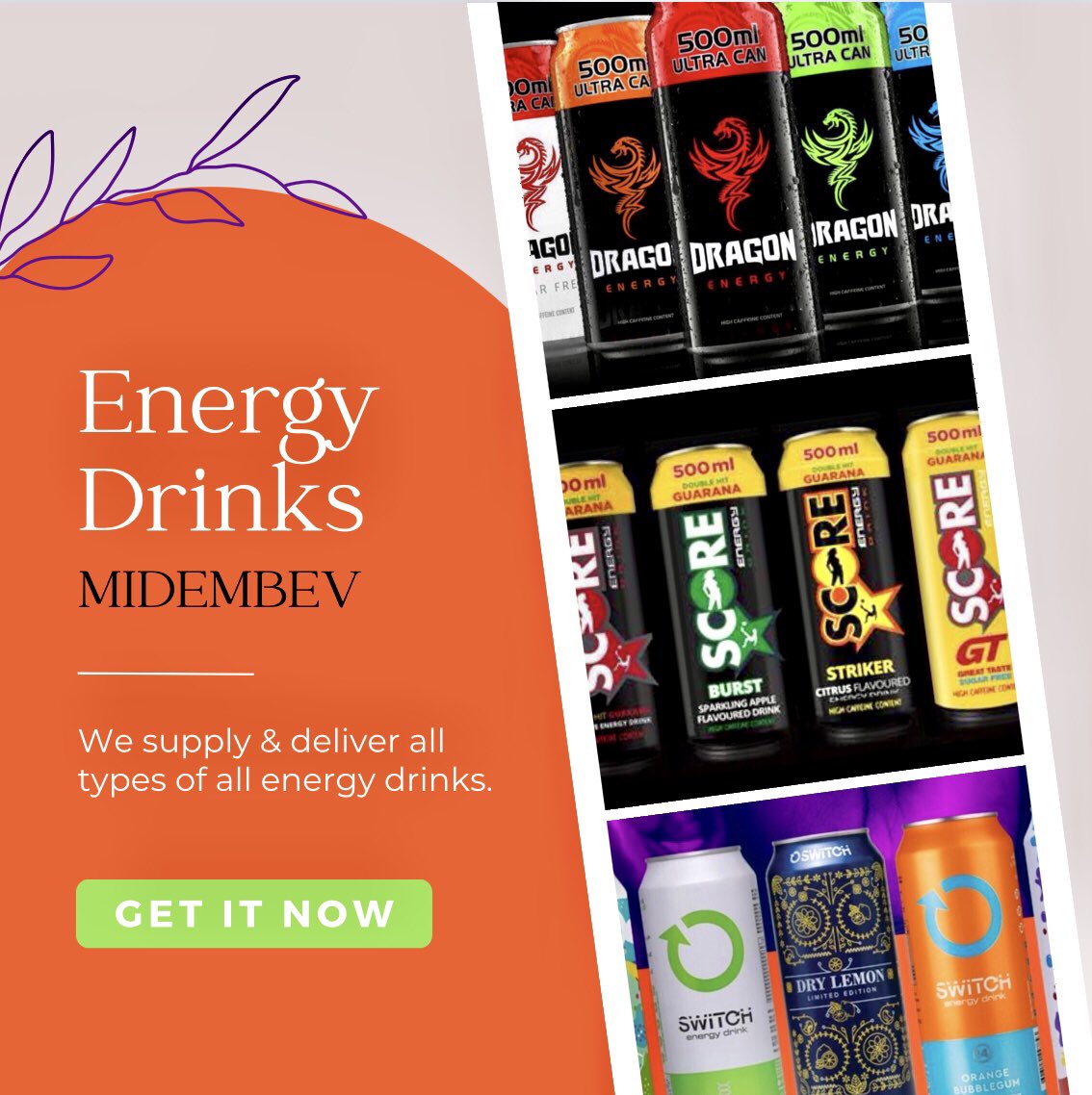 MIDEMDEPOT 

All Energy Drinks Available for special delivery to offices, petrol stations and so on.

For a quote email 📧 info.midembev@gmail.com

💥