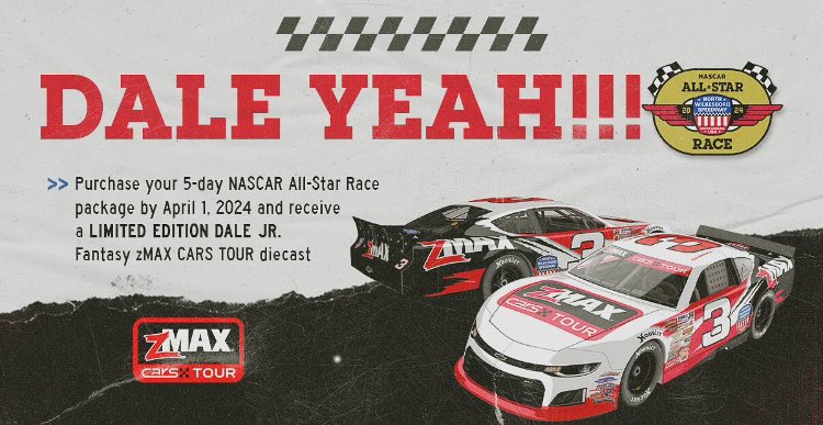 Umm…can we get a “DALE YEAH”?! 🗣️ Get an exclusive @DaleJr zMAX @CARSTour diecast when you purchase your 5-day @NASCAR All-Star Race package by April 1. LOCK IN NOW! 👉 bit.ly/49RXX8n