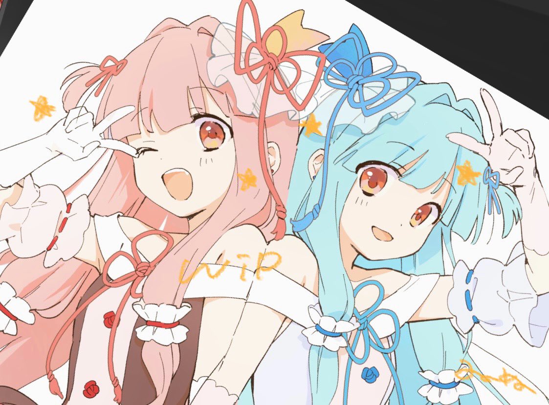kotonoha akane ,kotonoha aoi 2girls multiple girls pink hair one eye closed open mouth blue hair sisters  illustration images