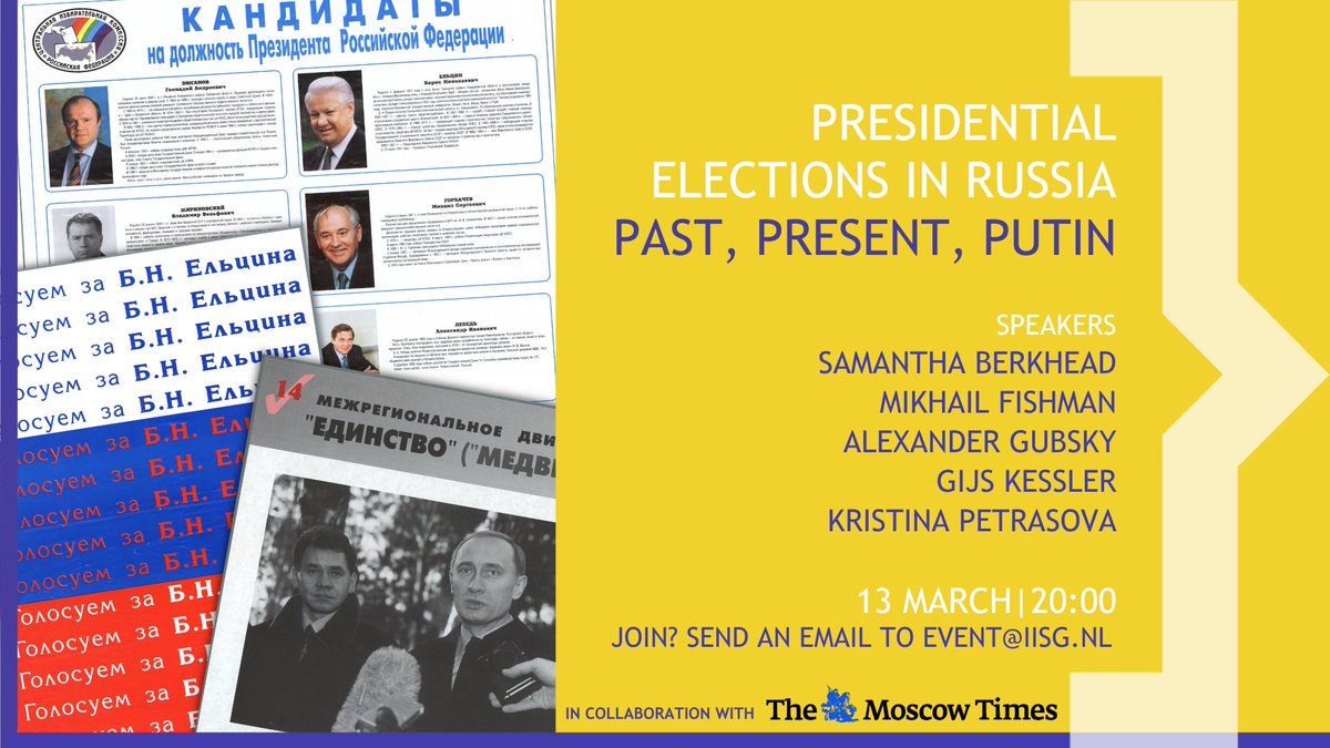 PRESIDENTIAL ELECTIONS IN RUSSIA: PAST, PRESENT, PUTIN, 13/03/24 @IISG_Amsterdam & @MoscowTimes Six more years for Putin - “elections” in Russia have become little more than political theatre. When was democracy lost? Join us for talks and discussion! iisg.amsterdam/en/events/pres…