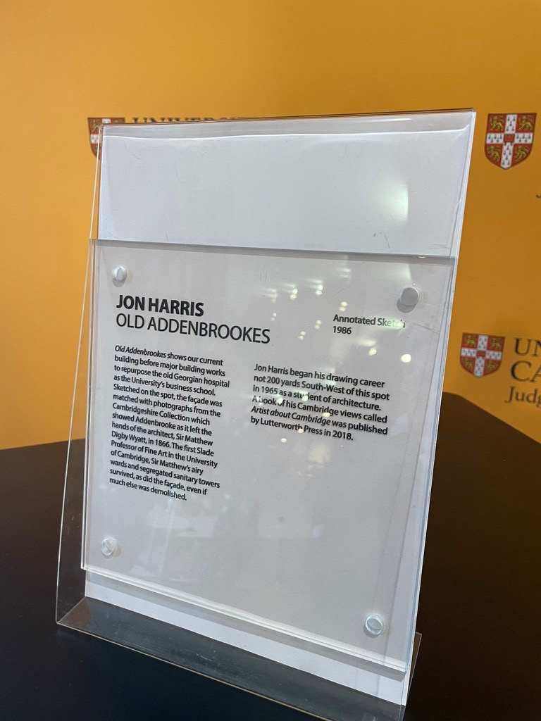 Today we welcomed artist Jon Harris to #CambridgeJudge to unveil his annotated sketch from 1986 of the Old Addenbrooke’s building, before a major redesign turned it into our magnificent building of today. It's wonderful to have another piece of our history on display here.