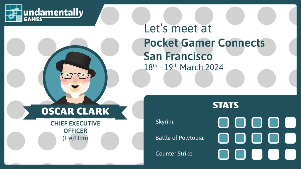 Need an external strategic perspective on your game?
Our CEO, Oscar Clark, will be attending #PGCSanFrancisco 🎮 Don't miss the chance to connect and discuss.

Book a meeting now by emailing bizdev (at) fundamentally (dot) games
