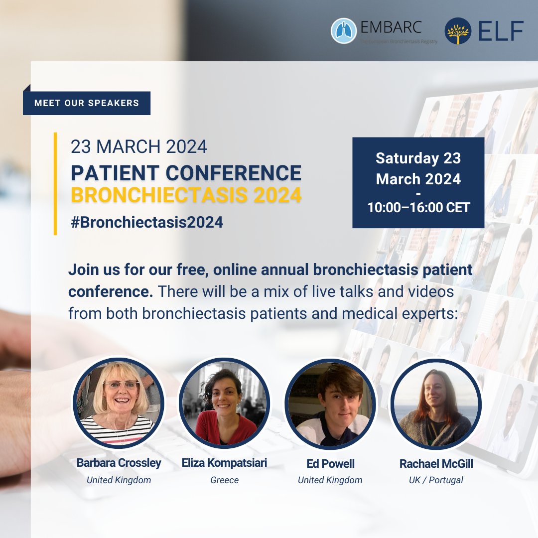 Have you registered yet? #Bronchiectasis2024

The 4th annual Bronchiectasis Patient Conference will include talks from our Bronchiectasis Patient Advisory Group (PAG) members!

Register here: ow.ly/hq4T50QwUjA