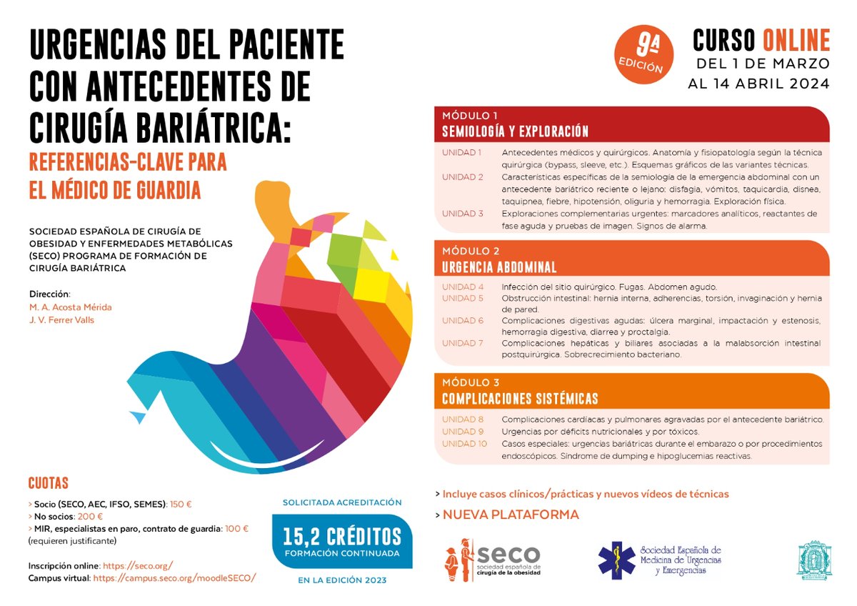 🟠 Urgencias del paciente con antecedentes de #cirugiabariatrica: Referencias-clave para el médico de guardia

💻 Curso online: 1 de marzo-14 de abril

🔸 Más información: seco.org/index.php/prof…