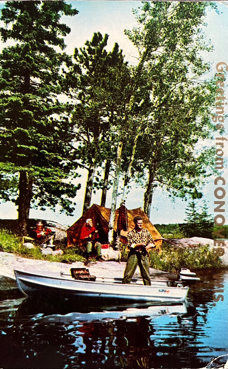 GoodPostcards's tweet photo. Hi!

Having a nice time. Getting plenty of fish. Caught a 4 lb bass Sat.

Rained &amp; hailed early last nite.

See you soon.

Fern &amp; Otto.

[1960] https://t.co/zhD2Zvxc4y
