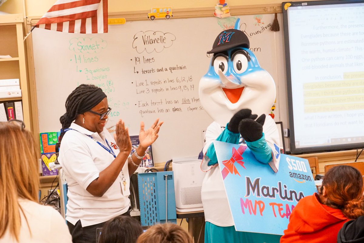 MarlinsImpact's tweet photo. Billy the Marlin surprising another MVP Teacher in South Florida with the support from @amazon! 💙

Ms. Roundtree is a beacon of inspiration at Kinloch Middle School. With 40+ years of teaching, Ms. Roundtree has taught many lessons, touched many lives, and inspired many minds. https://t.co/D19HGc4oZl