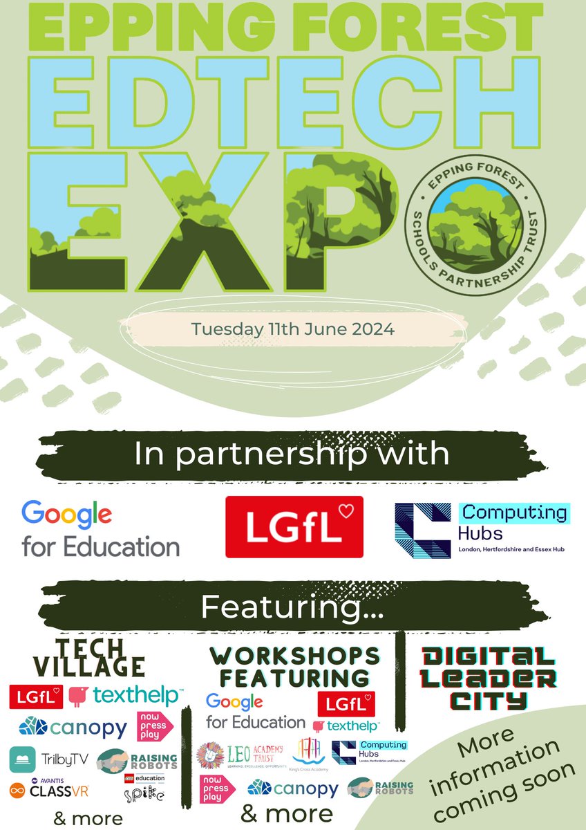 We're excited to announce that we're hosting an Expo on June 11th! In partnership with @LGfL, @NCCESWCHS & @GoogleForEdu, the Expo will include workshops, a tech village, work from our digital leaders & keynotes! Sign up here: sites.google.com/lgfl.net/edtec…… More info below (1/3)