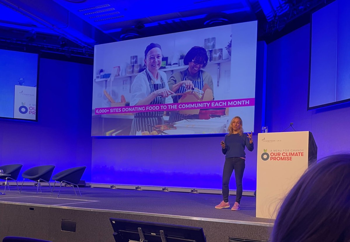 What an inspiring day - thanks for having us @compassgroupuk!💛 Check out @saashaN8  on stage at the #ourclimatepromise #menuforchange event today. She explained how Olio is helping Compass sites give back to the community each month through their surplus food donations👇
