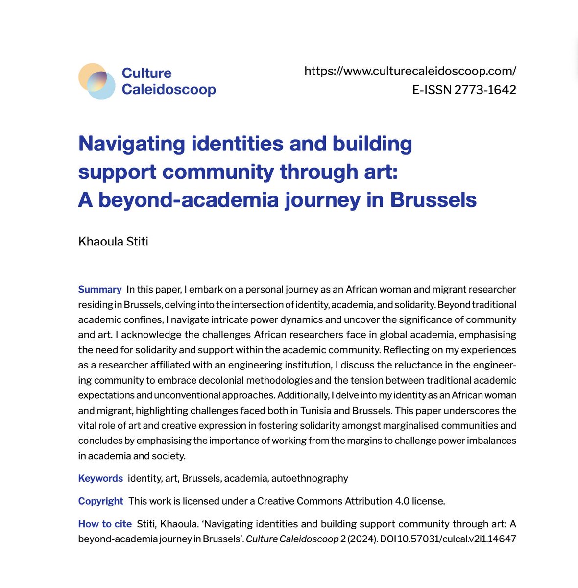 Absolutely delighted to announce my new paper, delving into the intersection of diverse #identities and the transformative power of #art in #Brussels on Culture Caleidoscoop <a href="/openjournalsnl/">openjournals.nl</a> 
culturecaleidoscoopjournal.com/article/view/1…