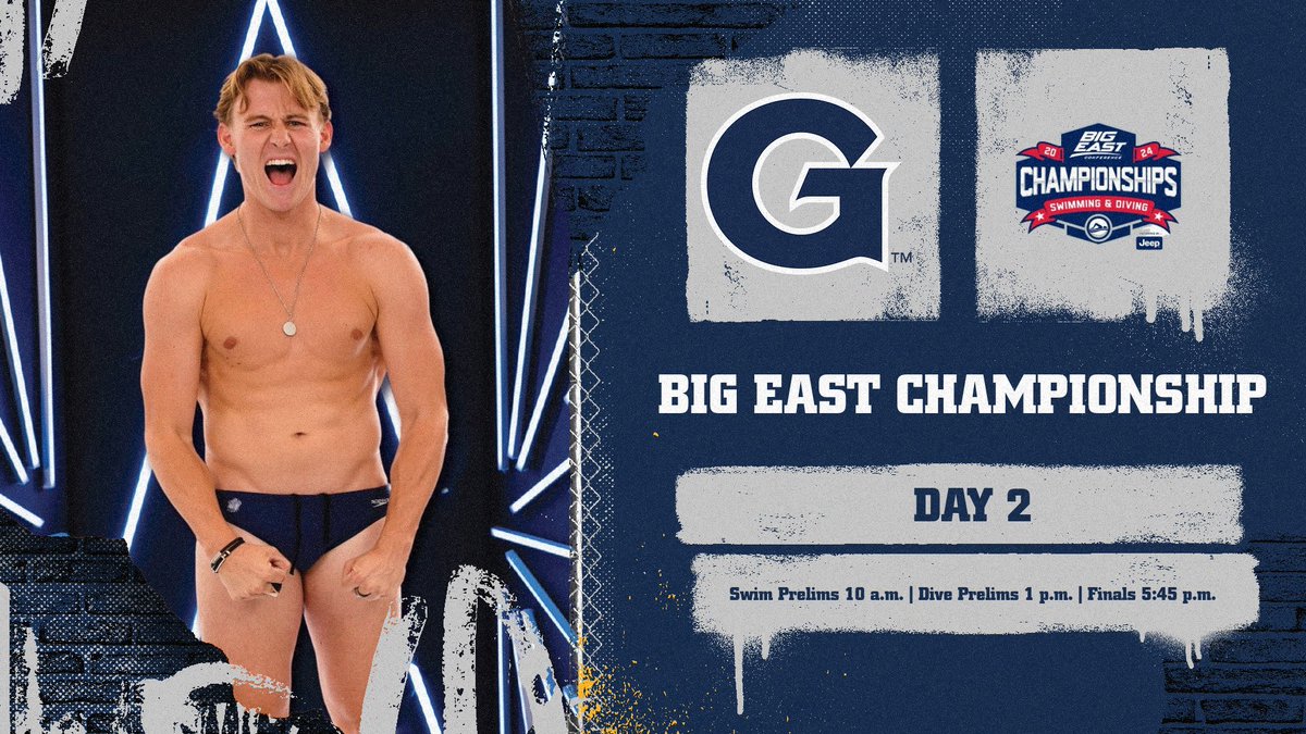 The Hoyas take on Day 2 of the BIG EAST Championship!! ⏰ Swim Prelims 10am | Dive Prelims 1pm | Event Finals 5:45 p.m. 📺 BIG EAST Digital Network 📍IUPUI Natatorium Day 2 Schedule 500 Free 200 IM 50 Free Men’s 3-Meter Dive 200 Free Relay #HoyaSaxa