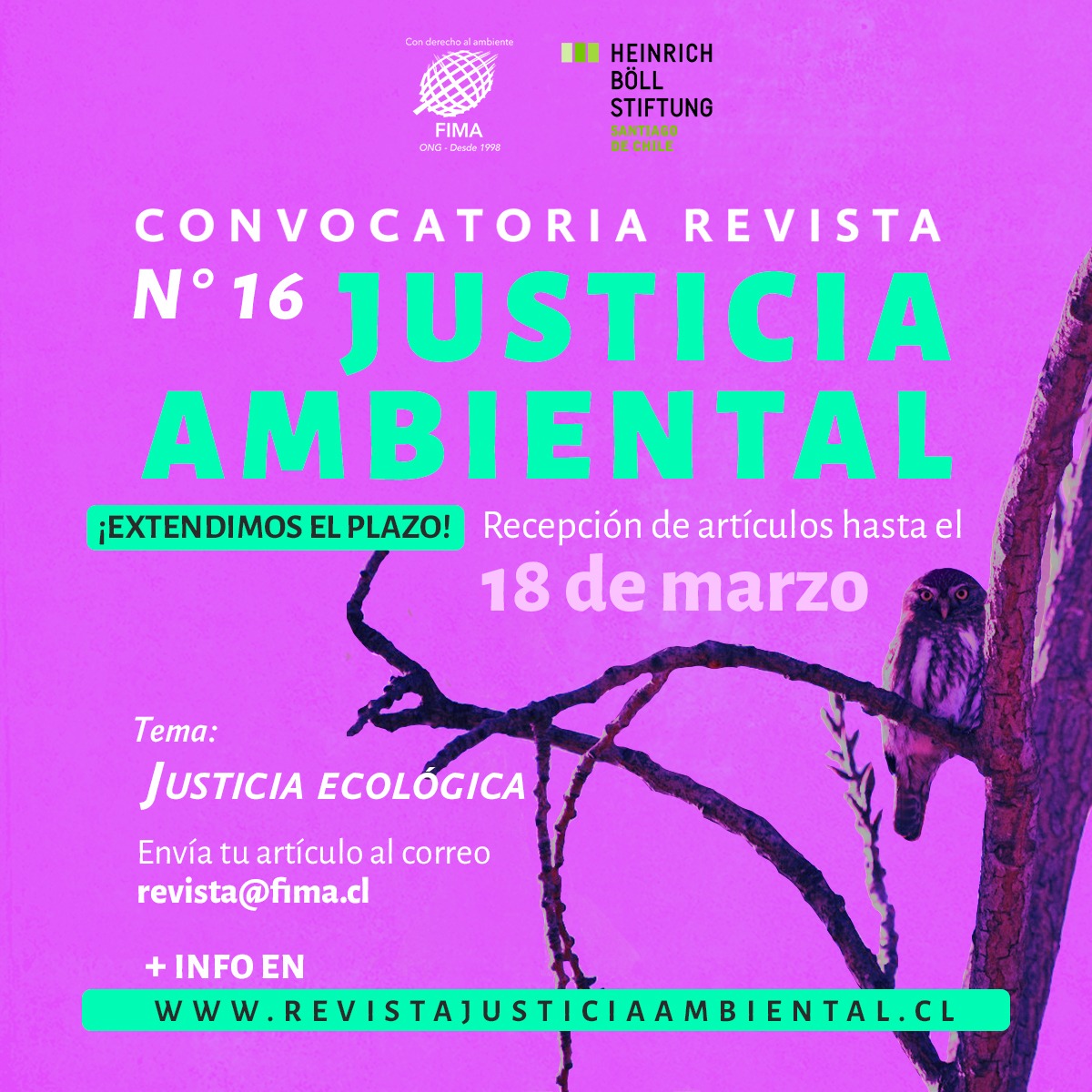 ONG FIMA (@fima_chile) on Twitter photo 👉 ¡Extendimos el plazo para enviar artículos para la revista de Justicia Ambiental! 🌿💜
¡Ahora es hasta el 18 de marzo! 🗓️
Que no se te pase 😉 envía tu artículo al correo revista@fima.cl 👉 ¡Extendimos el plazo para enviar artículos para la revista de Justicia Ambiental! 🌿💜
¡Ahora es hasta el 18 de marzo! 🗓️
Que no se te pase 😉 envía tu artículo al correo revista@fima.cl