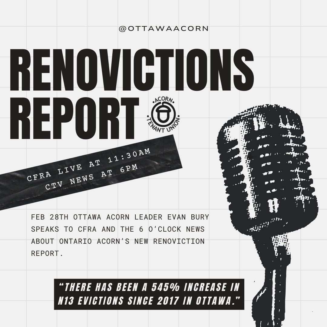 'There has been a 545% increase in N13 renovictions in #Ottawa' Tune in to @CFRAOttawa at 11:30 to listen to ACORN Leader Evan Bury tell you all about @OntarioACORN's new #Renoviction Report. If you miss it you'll have time to catch the 6 o'clock news on @ctvottawa. #ottpoli