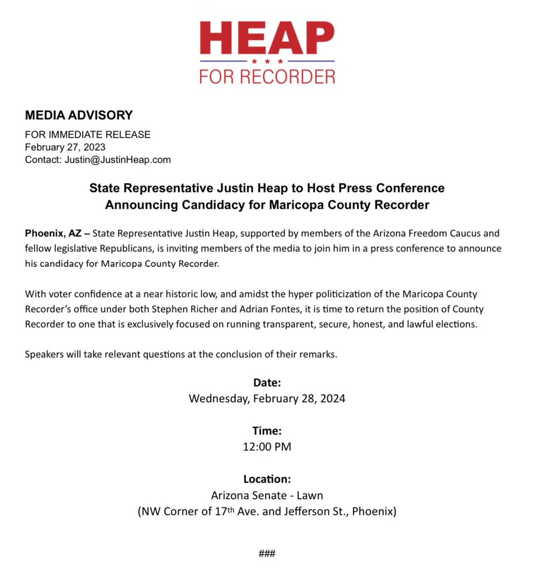 Maricopa County Recorder Justin Heap tweet media