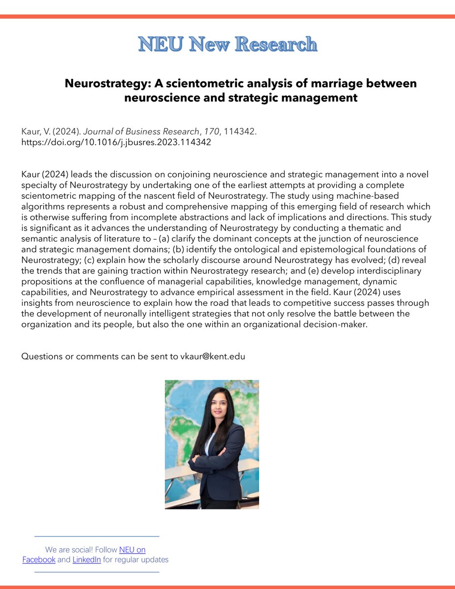 Congratulations to the BHRI member Dr. Kaur @Drvaneetkaur on her recent A-Level publication 'Neurostrategy: A scientometric analysis of marriage between neuroscience and strategic management' being featured in the Organizational Neuroscience Interest Group's latest newsletter!