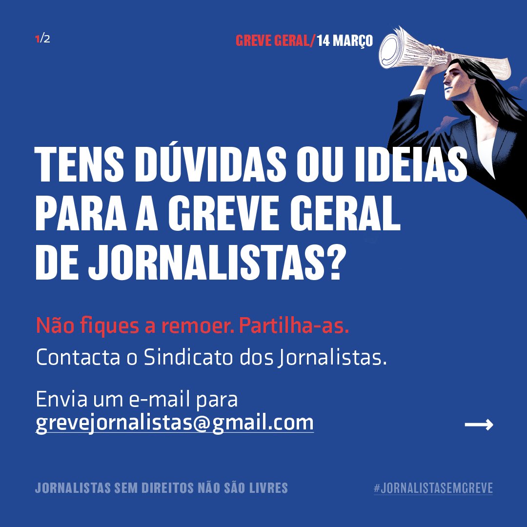 congressojorn's tweet photo. Há 40 anos que não fazemos uma greve geral. É normal que tenhas dúvidas. Contacta o Sindicato dos Jornalistas e esclarece-as. 

Se te quiseres juntar aos esforços de mobilização, envia um e-mail para grevejornalistas@gmail.com

Junta-te à greve de 14/03.

#JornalistasEmGreve https://t.co/4GVSAW0ELW