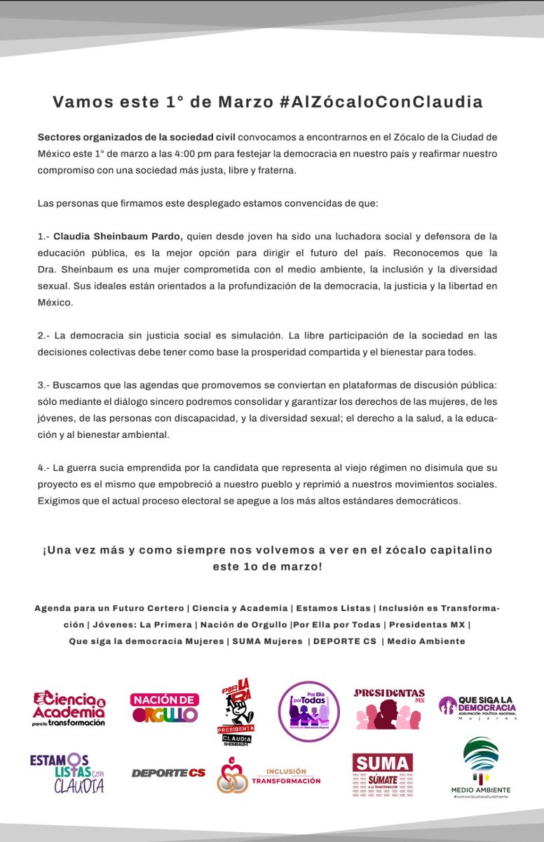 CyAcademia's tweet photo. ¡Vamos #AlZocaloConClaudia !
¡Una vez más y como siempre nos volvemos a ver en el zócalo capitalino este 1 de marzo!
#CienciayAcademiaConClaudia #ConcienciaEsClaudia https://t.co/uNNJn0yz34