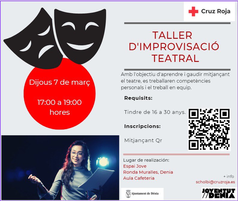 Volem una #Dénia🧡amb una gran oferta per a les joves, i seguim treballant des de la Regidoria de Joventut @ayto_denia colze a colze amb entitats tan importants com #CreuRoja per posar en marxa iniciatives tan xules com aquesta:

 🎭Taller d’Improvisació teatral de la ciutat!