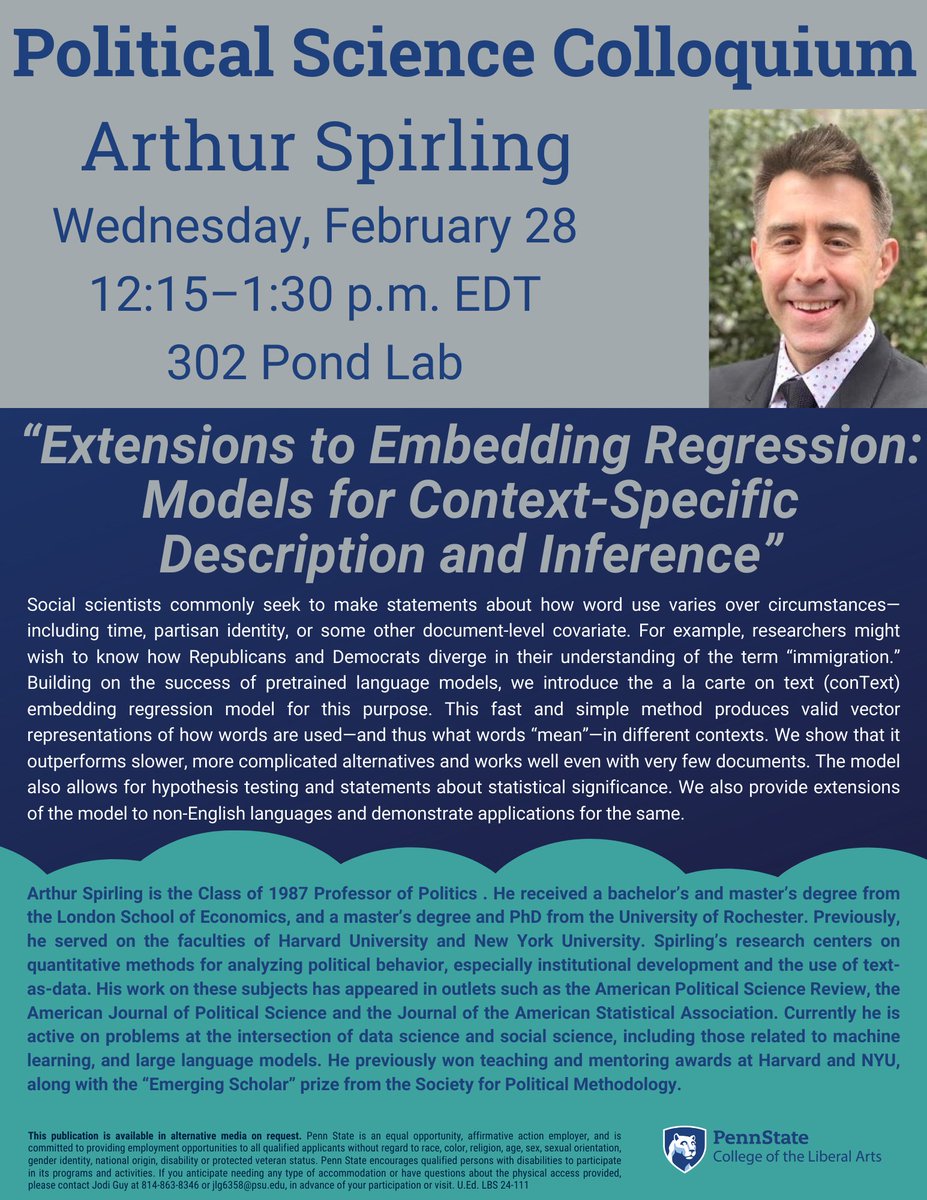 Today at @psupolisci: @arthur_spirling on 'Extensions to Embedding Regression: Models for Context-Specific Description and Inference.' Please join us in Pond Lab at 12:15!