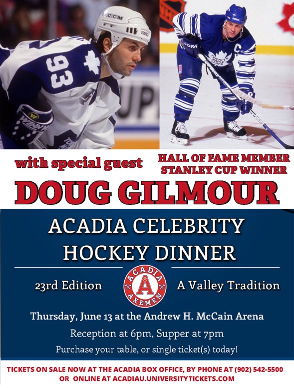 📣 Our featured guest is… Doug Gilmour! 📣

A Stanley Cup winner in 1989 and a Hockey Hall of Fame inductee in 2011, read more about the event and Gilmour’s career here: acadiaaxemenhockey.com/2024/02/28/dou…

🎟️ Tickets go on sale at the Acadia Box Office or online at acadiau.universitytickets.com