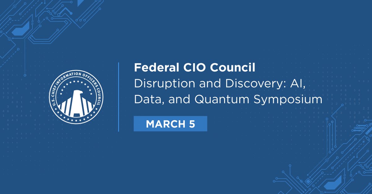 Join leaders across the #FedGov on 3/5 for the Disruption & Discovery: AI, Data, & Quantum Symposium, an immersive one-day event exploring the tech transforming our future. Space is limited & registration will close once it hits capacity. 🔗: gsa.zoomgov.com/meeting/regist… #Innovation