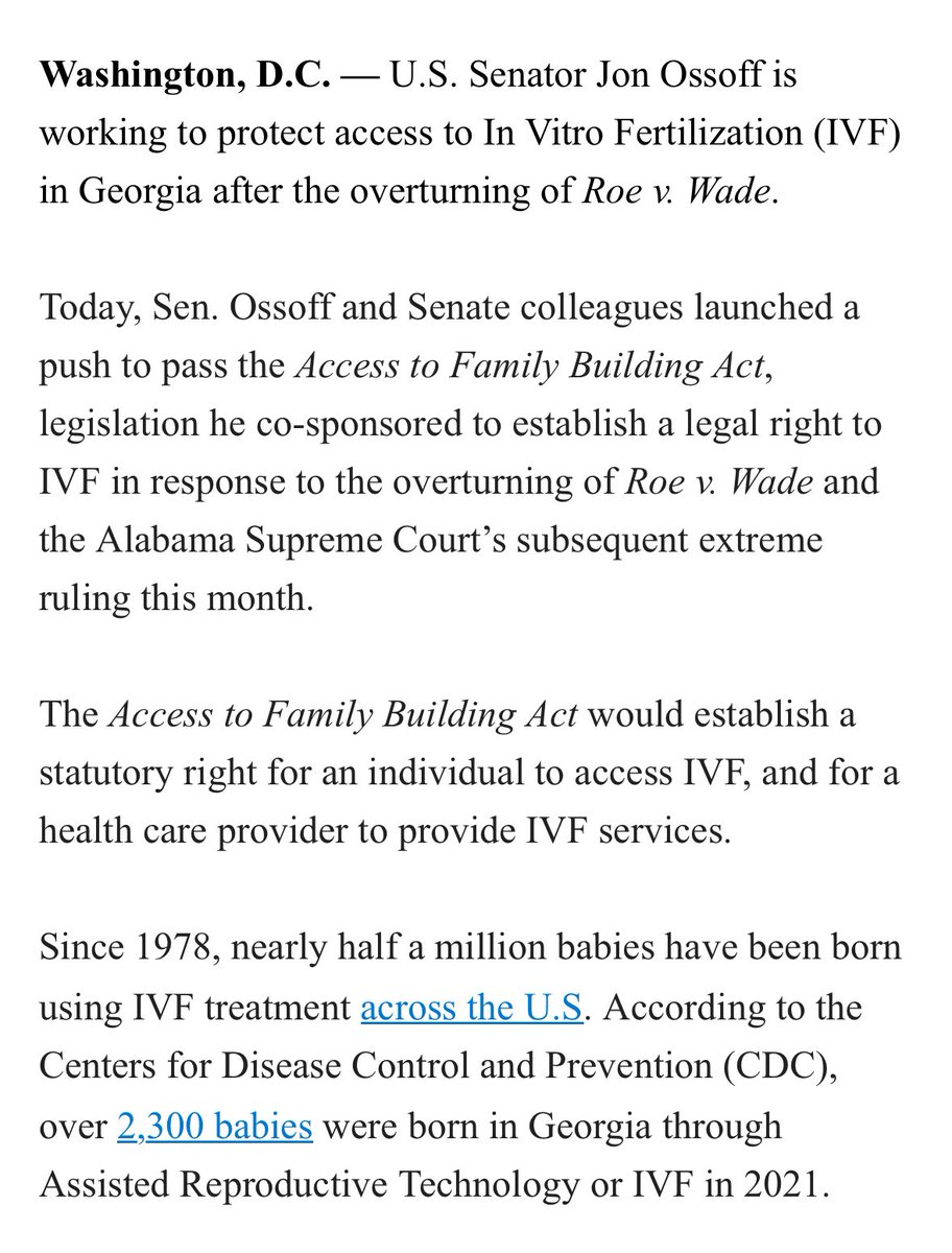 Sen. Jon @ossoff introduces legislation to protect access to IVF treatment days after the Alabama Supreme Court ruling that declared that frozen embryos are children forced clinics to pause operations. #gapol