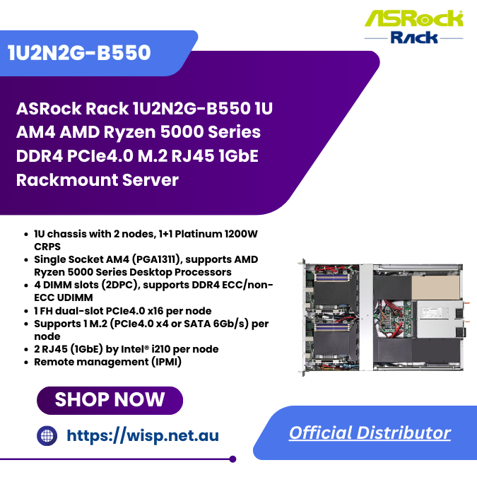 wispaustralia's tweet image. #asrockrack1u2n2g

Discover the power and efficiency of the ASRock Rack 1U2N2G-B550, a 1U rackmount server designed to harness the capabilities of the AMD Ryzen 5000 Series. 

🛒 Learn more : wisp.net.au/asrock-rack-1u… 

#ASRockRack  #ServerTechnology #AMD #australia #sydney #wisp