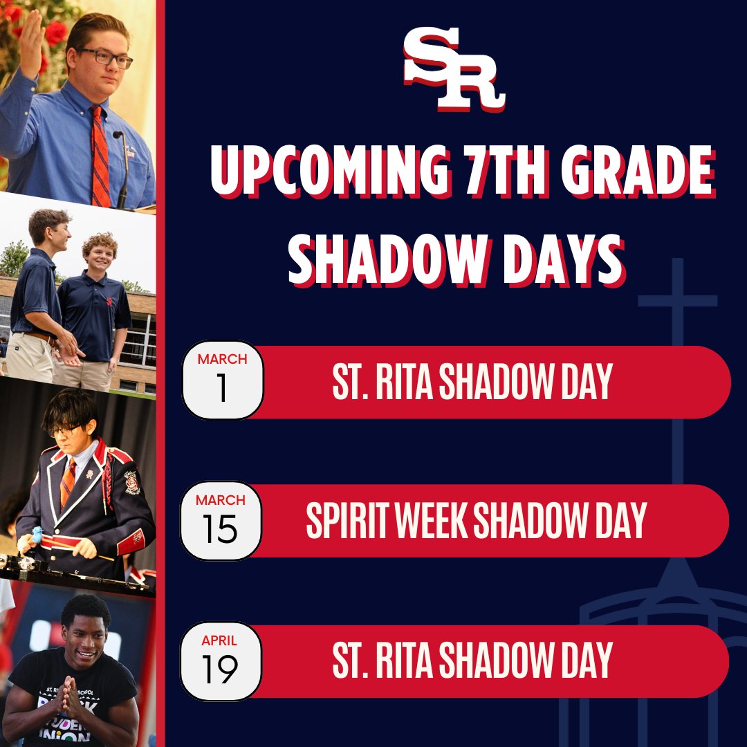 StRitaHS's tweet image. Here is a quick look at our next three upcoming 7th Grade Shadow Days we want all 7th grade boys to attend!

Experience a day in the life of a Ritaman by scheduling a shadow day with us today: stritahs.com/shadow-days

#strita #stritaofcascia #stritashadowdays #TraditionStartsHere
