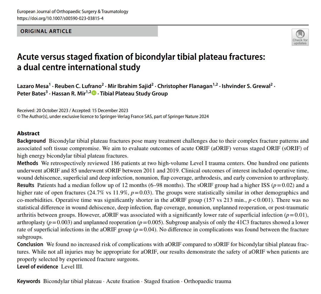 When selected properly, acute fixation of bicondylar tibial plateau fractures carries no increased risk of complications compared to staged fixation bit.ly/3wzr3LC