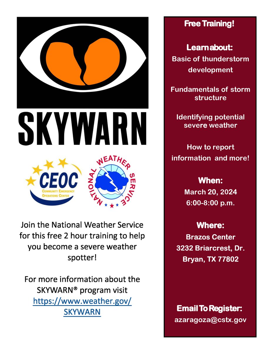 Are you interested in learning more about severe weather and how you can spot a storm? This class is for you! 
It’s FREE, but you do need to register in advance.