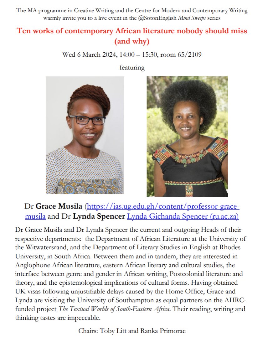 A new Mind Sweeps event! ~ Wednesday 6 March, 2–3.30pm, Avenue Campus ~ We're very lucky to host Grace Musila (@WitsUniversity) and Lynda Spencer (@Rhodes_Uni), who will discuss African literature in its many manifestations-- Chaired by: @RankaPrimorac and @tobylitt