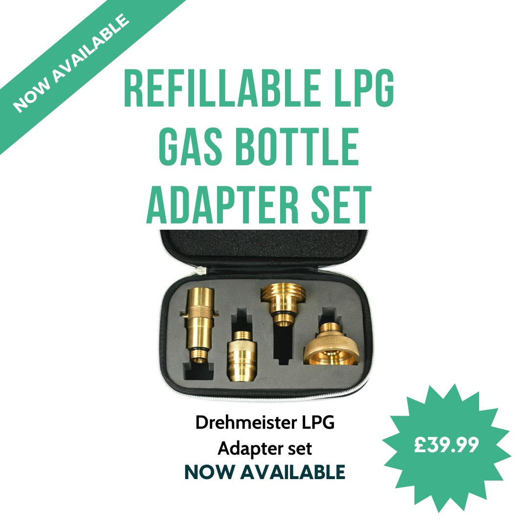 This DREHMEISTER refillable LPG gas bottle adapter set is the perfect accessory for any Motorhome, camper,  or international traveler. Each adapter in the set is designed to fit a different type of LPG Fill Point Connection used in different countries  raecaravanparts.co.uk