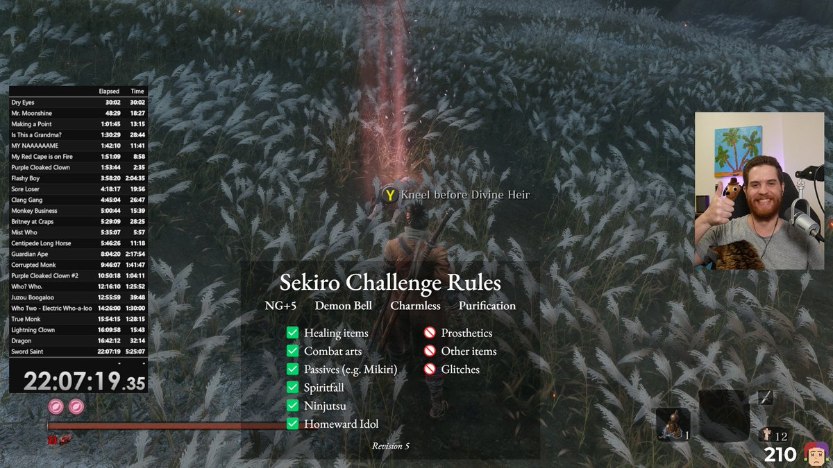 Personal Sekiro challenge run done! NG+5, Charmless, Demon Bell, purification ending. A good little milestone before I semi-retire.