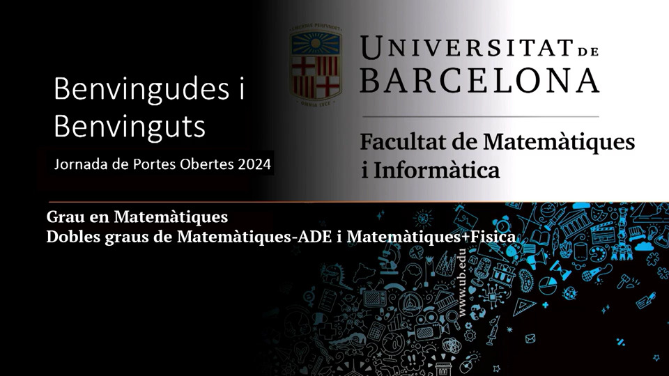 #FutursUB | Disponibles els vídeos del primer torn de les #JPO2024 de la Facultat:

👉Grau de Matemàtiques i dobles graus de Matemàtiques-ADE i Matemàtiques-Física
👉Grau d’Enginyeria Informàtica i doble grau d’Enginyeria Informàtica-Matemàtiques

➡️Accés: mat.ub.edu/noticies/dispo…