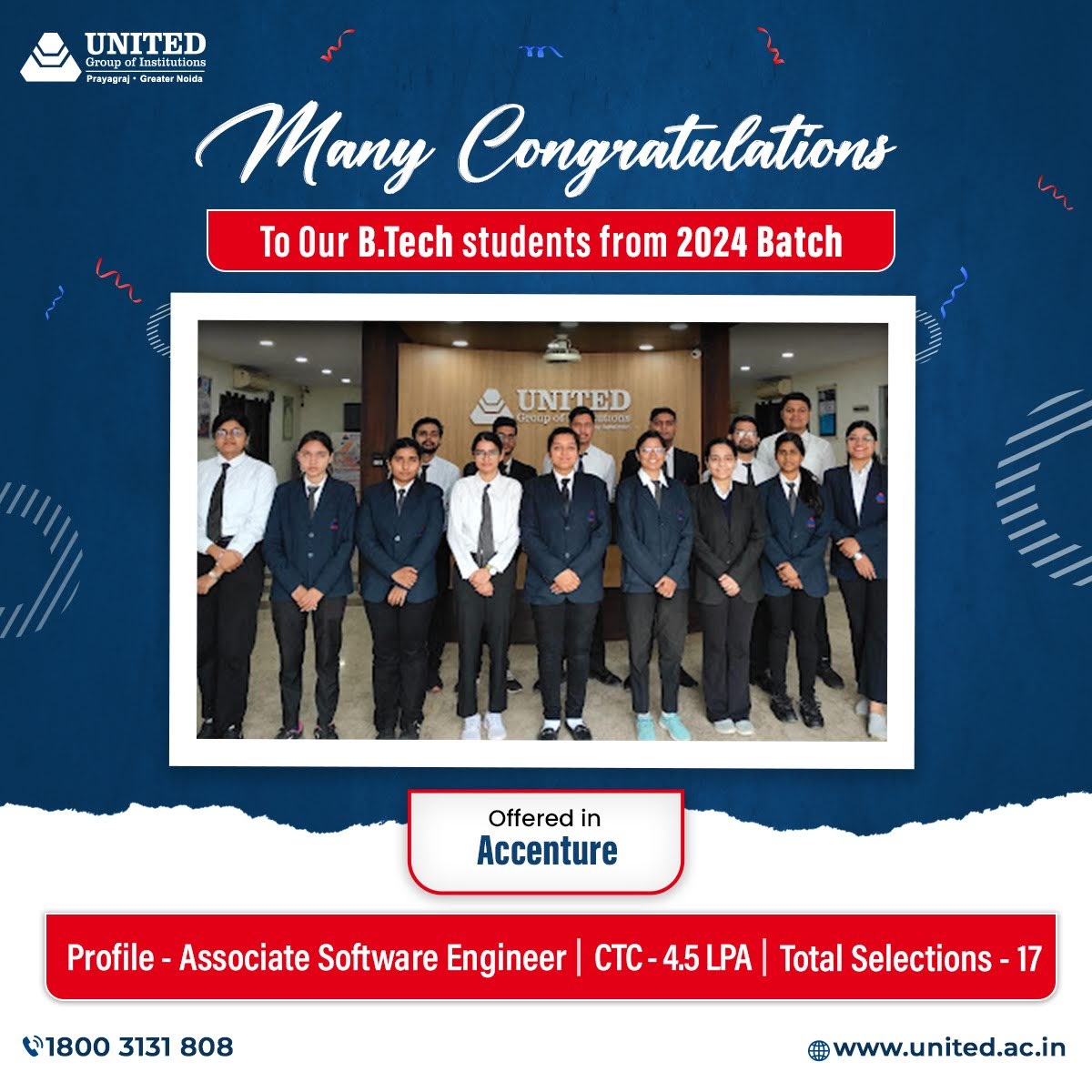 theugiindia's tweet image. Celebrating the triumph of our brilliant B.Tech students from the 2024 Batch! Proudly entering the world of #Accenture with a diverse range of #AssociateSoftwareEngineer profiles. Securing an impressive CTC of 4.5 LPA,