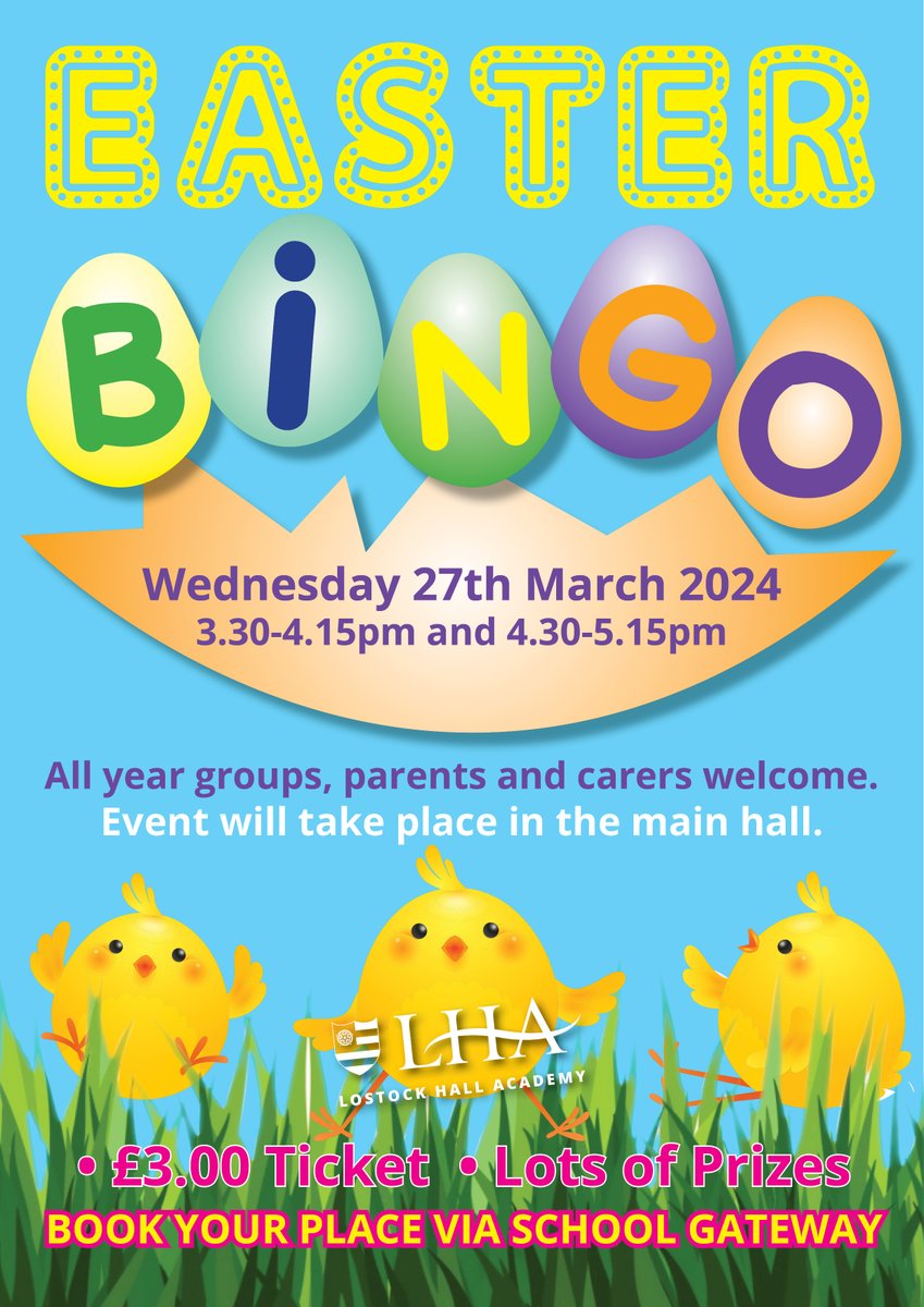 🐥🐰 Easter Egg Bingo is back! 🐰 🐥Log onto the school gateway to secure your place. Please consider donating easter eggs to the student reception for CAP Citizenship points. It's going to be an Eggcellent evening 🐣