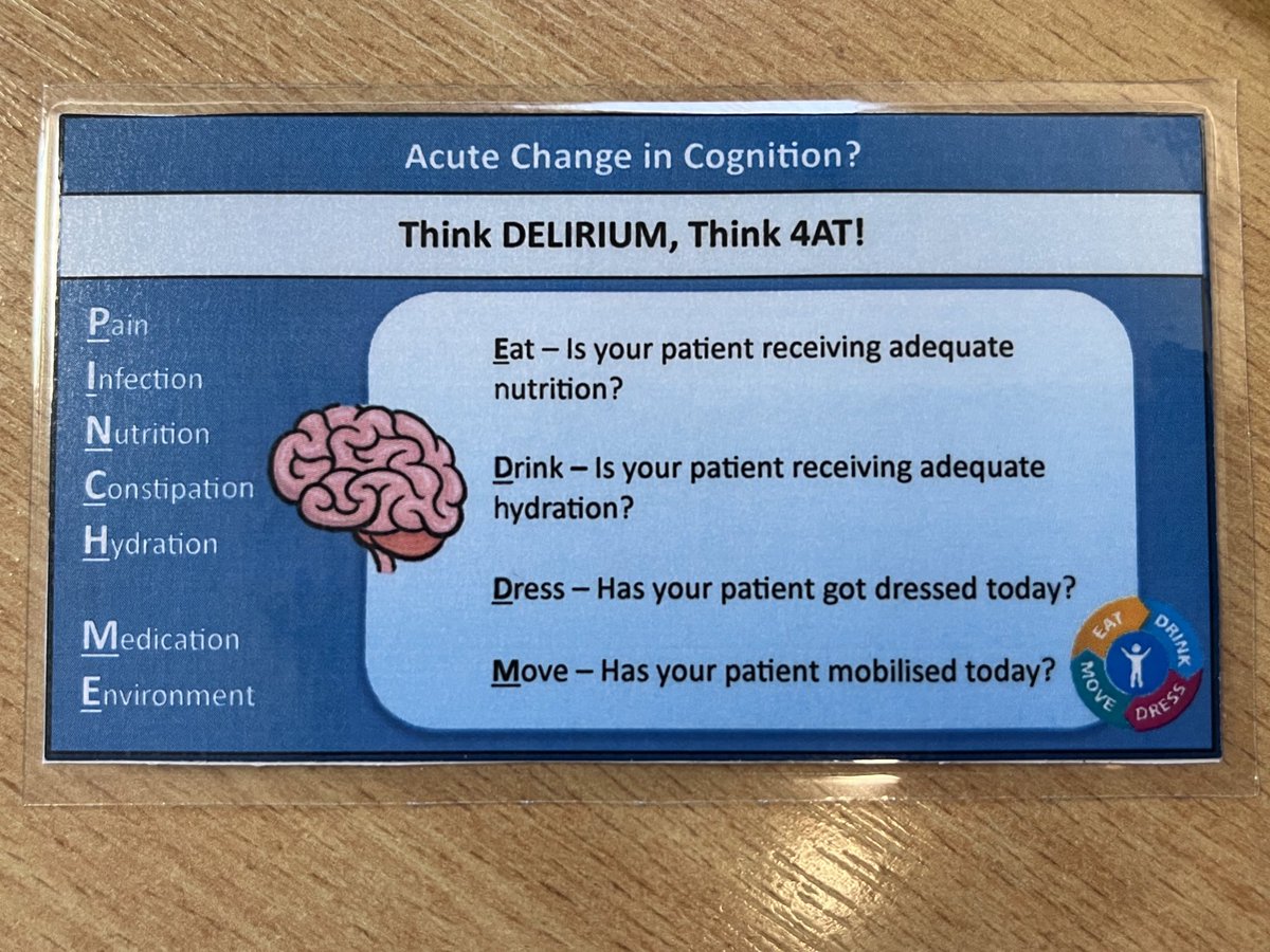Jacquih0lmes's tweet photo. Soooo proud of my friend and colleague for producing the first draft of her #delirium prompt card to support staff in recognising and managing delirium! A great size to attach to your ID badges as a handy reminder to prompt good practice! And a nod to #EDDM! Well done 👏🏼 https://t.co/5W51WtEvfE