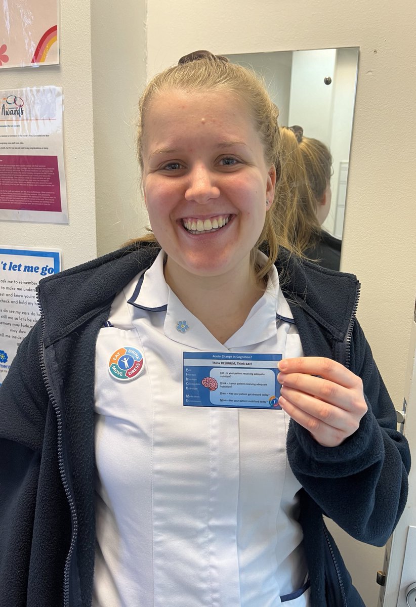 Jacquih0lmes's tweet photo. Soooo proud of my friend and colleague for producing the first draft of her #delirium prompt card to support staff in recognising and managing delirium! A great size to attach to your ID badges as a handy reminder to prompt good practice! And a nod to #EDDM! Well done 👏🏼 https://t.co/5W51WtEvfE