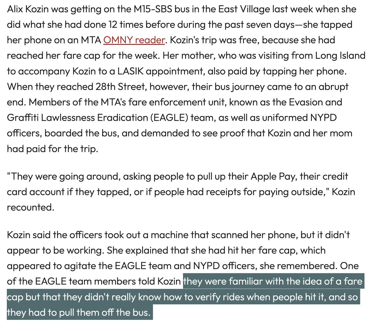 This woman used OMNY to pay for the bus. Once you hit 12 fares paid within a 7-day period, you get free rides. Cops boarded bus & forced riders to prove they'd paid didn't know how to handle this, threw her off, & hit her w a $100 ticket. Is this city a joke or what?