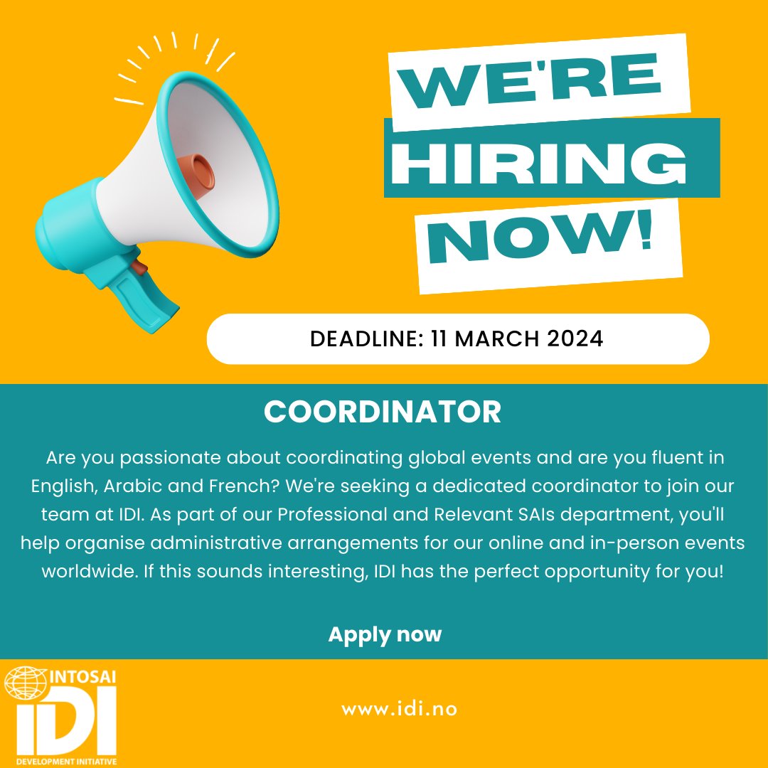 INTOSAI_IDI's tweet photo. 📣IDI is hiring! Are you passionate about coordinating global events and are you fluent in English, Arabic and French? We're seeking a dedicated coordinator to join our team at IDI. 

Job description ➡️ Coordinator https://t.co/GrWOux6awg 
Apply now ➡️ https://t.co/rGHRJsm0aw https://t.co/10E5C98RGP